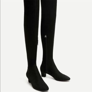 Zara Faux Suede Over the Knee Boots w Small Block Heel & Half Zip in Black-Sz 38